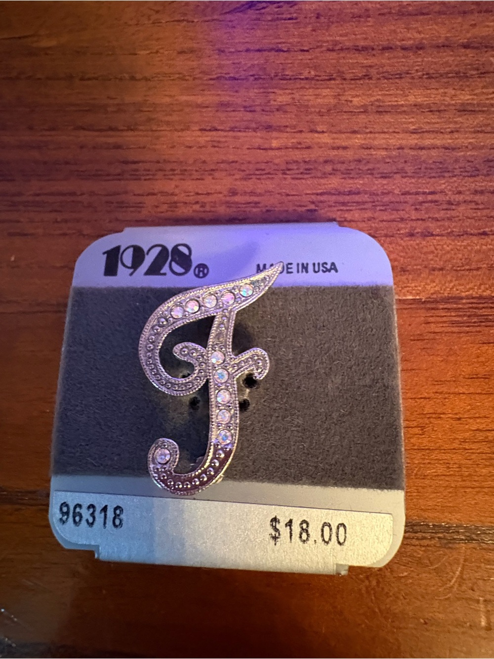 Vintage 1928 Silver-Tone Rhinestone Letter F Pin